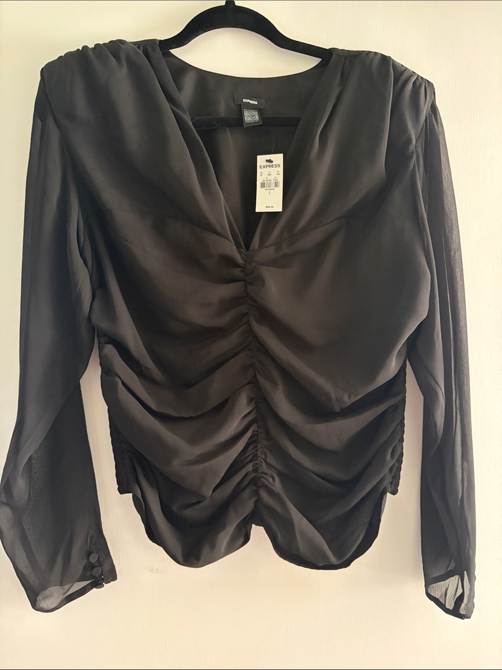 Express Black Ruched V-Neck Sheer Long Sleeve Blouse